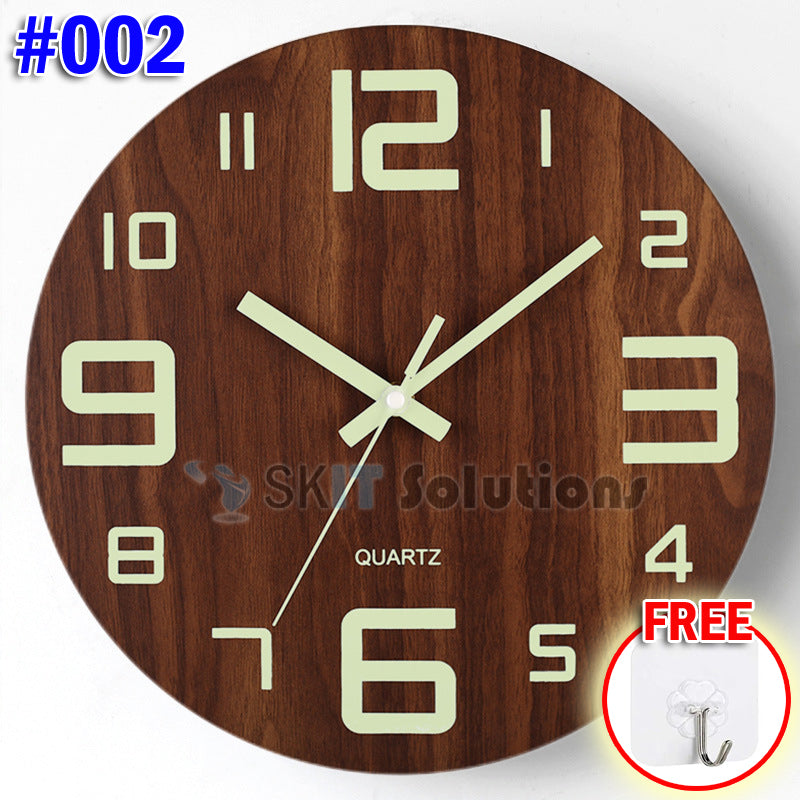 12 Inch Luminous Minimalist Designer Wooden Quartz Wall Clock Dark Glowing Silent Non-Ticking