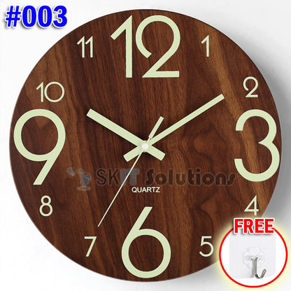 12 Inch Luminous Minimalist Designer Wooden Quartz Wall Clock Dark Glowing Silent Non-Ticking