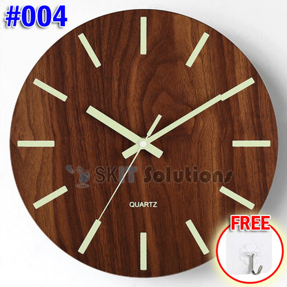 12 Inch Luminous Minimalist Designer Wooden Quartz Wall Clock Dark Glowing Silent Non-Ticking