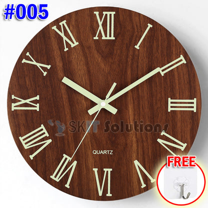 12 Inch Luminous Minimalist Designer Wooden Quartz Wall Clock Dark Glowing Silent Non-Ticking