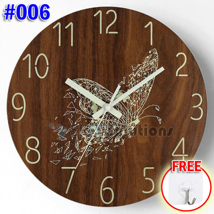 12 Inch Luminous Minimalist Designer Wooden Quartz Wall Clock Dark Glowing Silent Non-Ticking