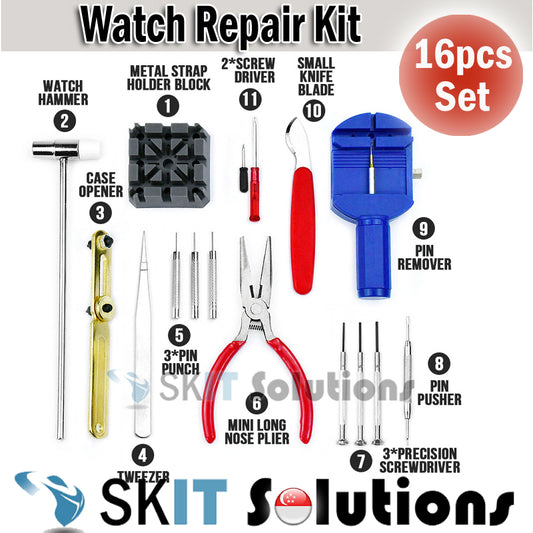 Watch Repair Tool Kit 16pcs Set Battery Cover Remover Jewelry Strap Accessories Pin Watchmaker Back Case Opener Holder
