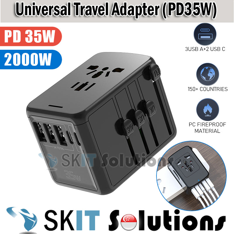 35W Global Universal Travel Adapter 3 USB 2 Type-C PD Port International Multi Plug 2.1A Fast Charge Power Wall Charger