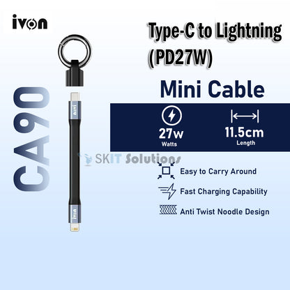 IVON CA90 Mini Clip-On Charge & Sync Cable w/ Key Ring PD65W/PD27W 65W USB-C to USB-C/to IOS 27W