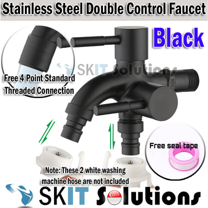 Stainless Steel 304 Washing Machine Double Control Dual 2 Way Faucet Tap Splitter Free Tape & 4-Point Threaded Adapter