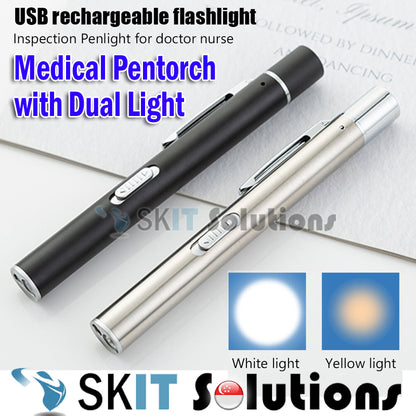 USB Rechargeable Medical Pen Torch Penlight w/ Dual Inspection Light EMT Nurse First Aid Flashlight