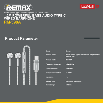 【SKIT SG】Remax RM-598a MONSTER Series Powerful Bass Type-C Metal Wired Earphone for Music & Call