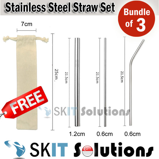 Set of 3 Stainless Steel Reusable Metal Straws Straight Curved Bubble Tea Drinking with Free Pouch