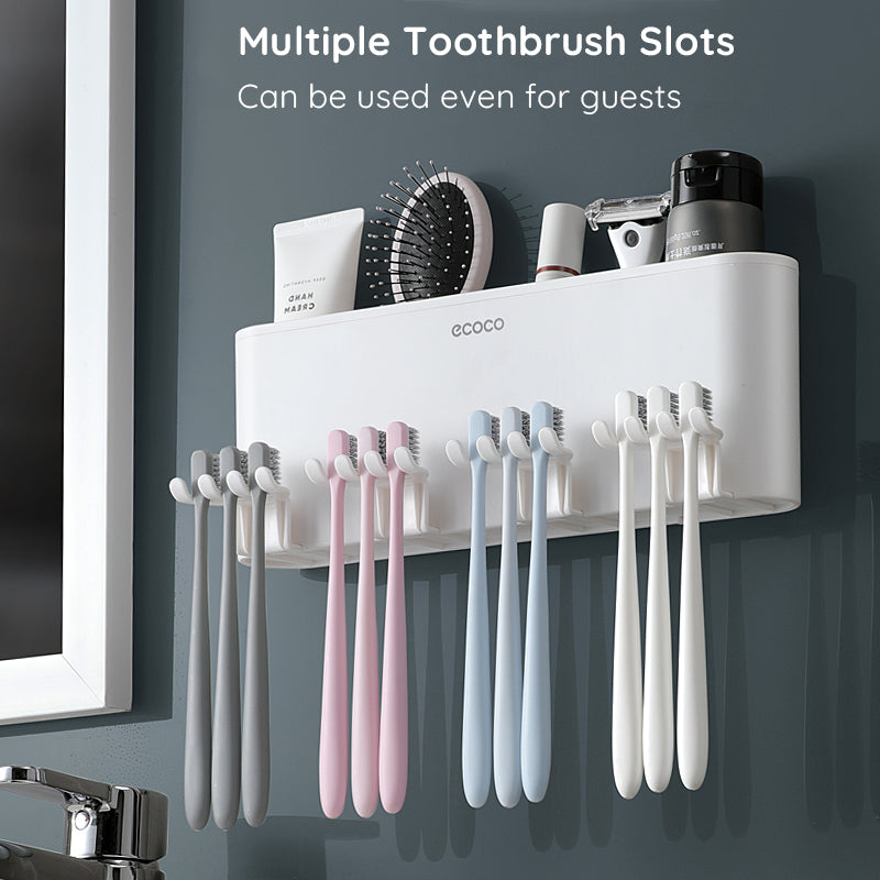 Ecoco Wall Mount Toothbrush Holder With Cups Storage Box Automatic Toothpaste Dispenser Squeezer