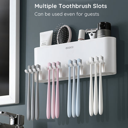 Ecoco Wall Mount Toothbrush Holder With Cups Storage Box Automatic Toothpaste Dispenser Squeezer