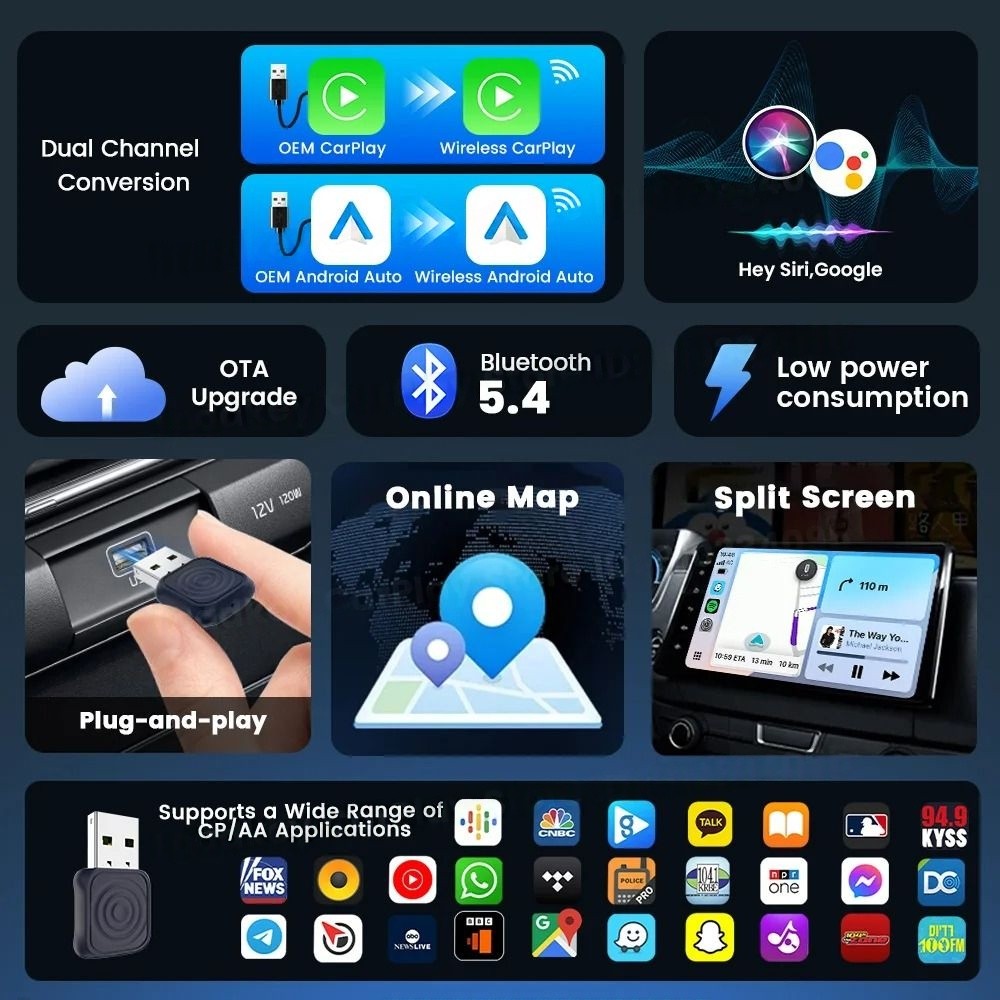 Carlinkit 2in1 Mini Ultra Wireless CarPlay Android Auto Adapter Plug & Play Wired to Wireless Dongle