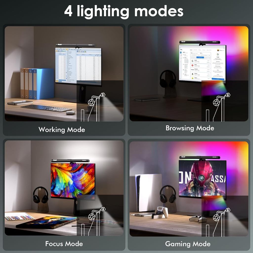 Adjustable LED Laptop Monitor Smart Screen Clip On Hanging Light w/ RGB Backlight USB Desktop e-Reading Table Lamp Bar