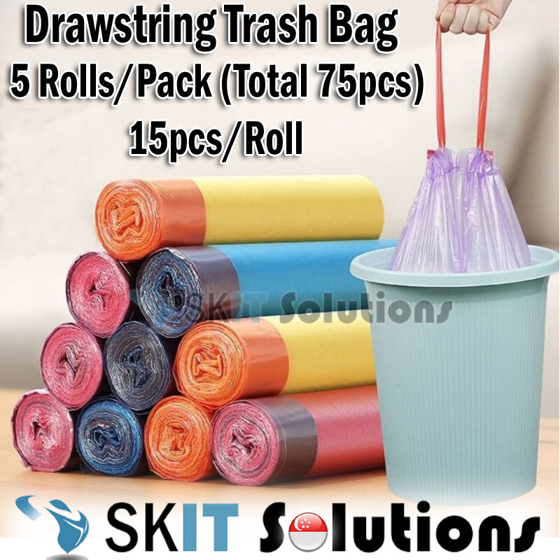 Disposable Drawstring Trash Bag Strong Durable 45x45cm Garbage Bin Liners Rubbish Dustbin, 5 Rolls/Pack, 1 Roll = 15pcs,1 Pack=75pcs