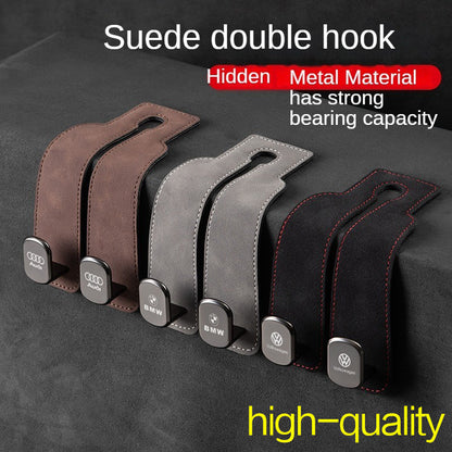 Suede Leather Metal Double Hook Bag Holder Hanger for Car Back Seat Headrest Interior Accessories