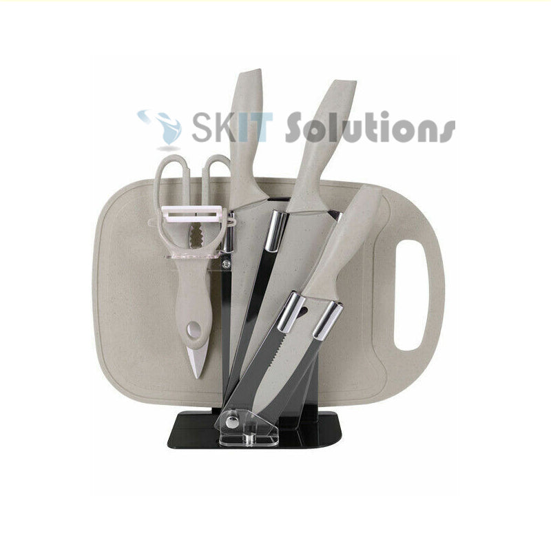 7pcs Wheat Knife Set With Cutting Board Utensils Holder 7in1 Non-Stick Stainless Steel Kitchen Cooking Knives Scissor