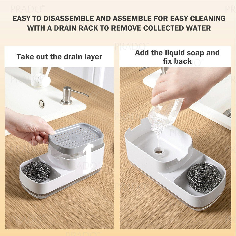 Upgraded 2in1 Dish Soap Dispenser Cleaning Ball Storage Box FREE Sponge Press Type Manual Kitchen Detergent Dispensing