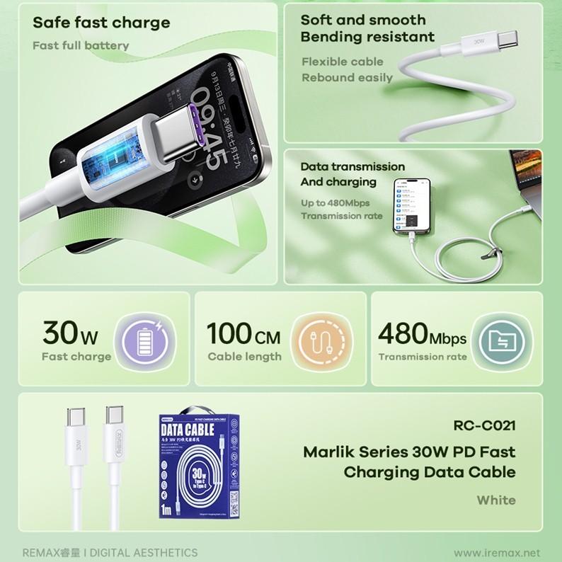 1M/2M Remax RC-C021 30W Super Fast Charging Cable PD Type C To Type C Data Sync C to C Cable Charger