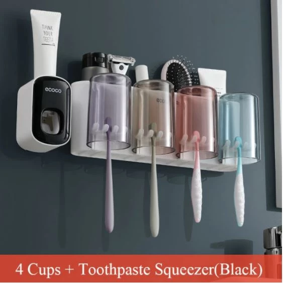 Ecoco Wall Mount Toothbrush Holder With Cups Storage Box Automatic Toothpaste Dispenser Squeezer