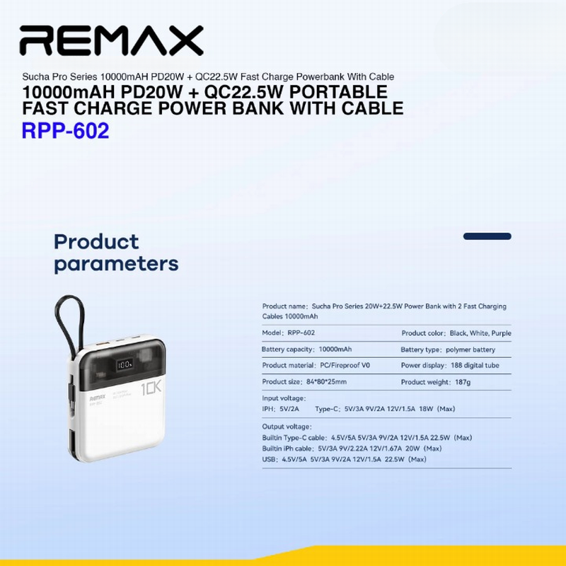 [CCC Certified] REMAX RPP-602 10000mAh / RPP-603 20000mAh Power Bank PD20W + QC22.5W Fast Charging 3C LOGO PowerBank