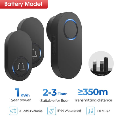 Self Powered / Button Battery Wireless Doorbell Door Bell Waterproof 3 Pin Plug 60 Chimes 350M 120dB