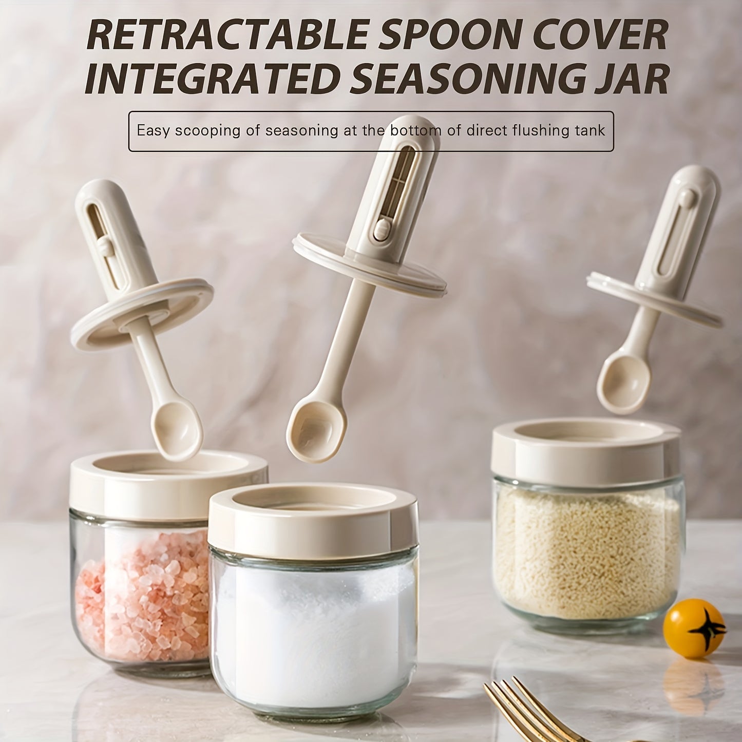 Kitchen Condiment Container Glass Spice Seasoning Jars Salt Sugar Pepper Chilli w/ Retractable Spoon