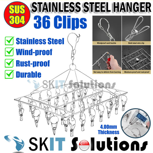 SUS304 Stainless Steel Hanger 36 Clips Peg Heavy Duty Windproof Rust-Proof Laundry Drying Rack Hanging Organiser Balcony