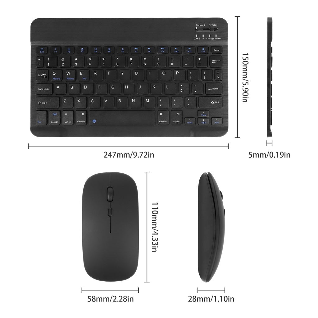 10 Inch Wireless Bluetooth Keyboard + Wi-Fi Mouse Set Rechargeable Tablet Smartphone Laptop Windows
