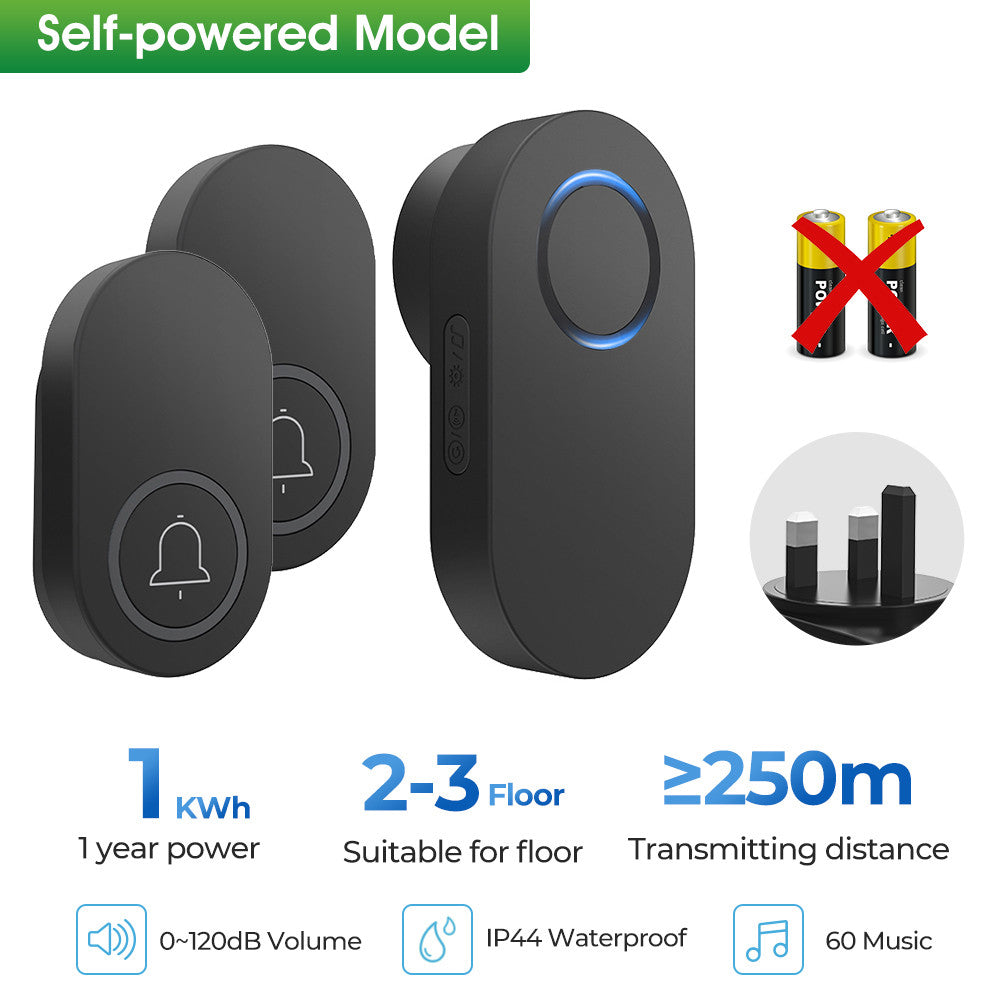 Self Powered / Button Battery Wireless Doorbell Door Bell Waterproof 3 Pin Plug 60 Chimes 350M 120dB