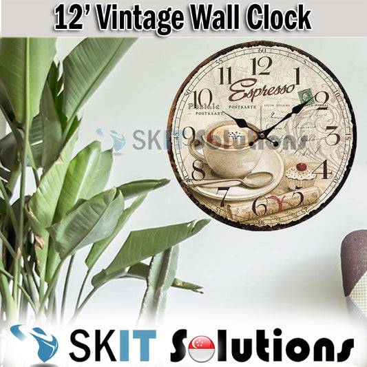 12" Vintage Retro Wall Clock Silent MDF Wooden Quartz Rustic Kitchen Living Room Decorative Battery