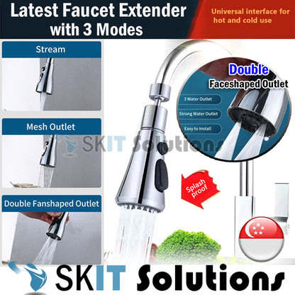 360° Rotate Tap Faucet Aerator Extender w/ 3 Function Mode Kitchen Bathroom Splash Filter Nozzle Spray Head Water Saving