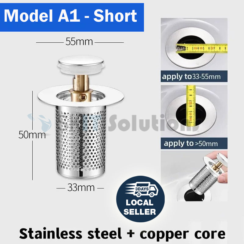 Stainless Steel Washbasin Plug Drain Filter Strainer Anti Odor Pop Up Core Stopper Hair Catcher Sink