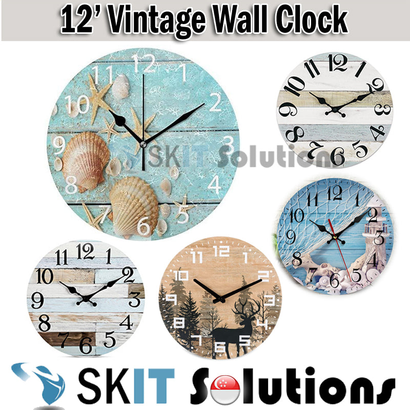 12' Vintage Retro 30cm Wall Clock 12 Inch Silent Non-Ticking Wooden Rustic Style Decorative for Living Room Kitchen Home