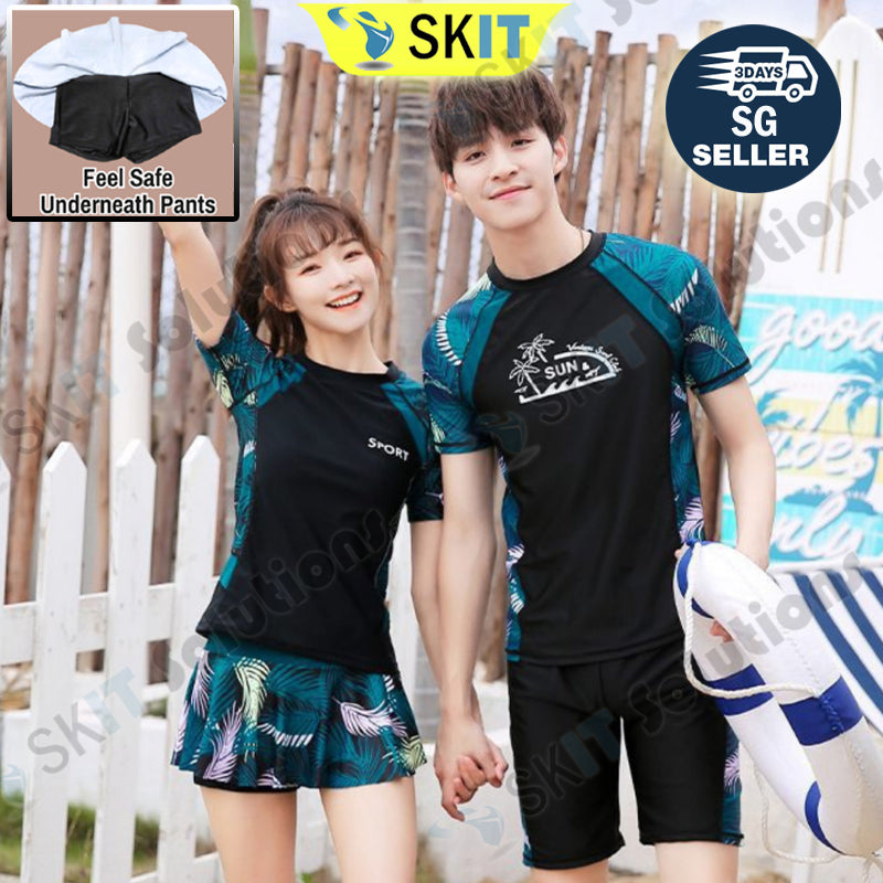 Korean Style Couple Swimsuit Men Women 2pcs Set Short Sleeve Swimwear Swimming Suit Wear Top+Pants