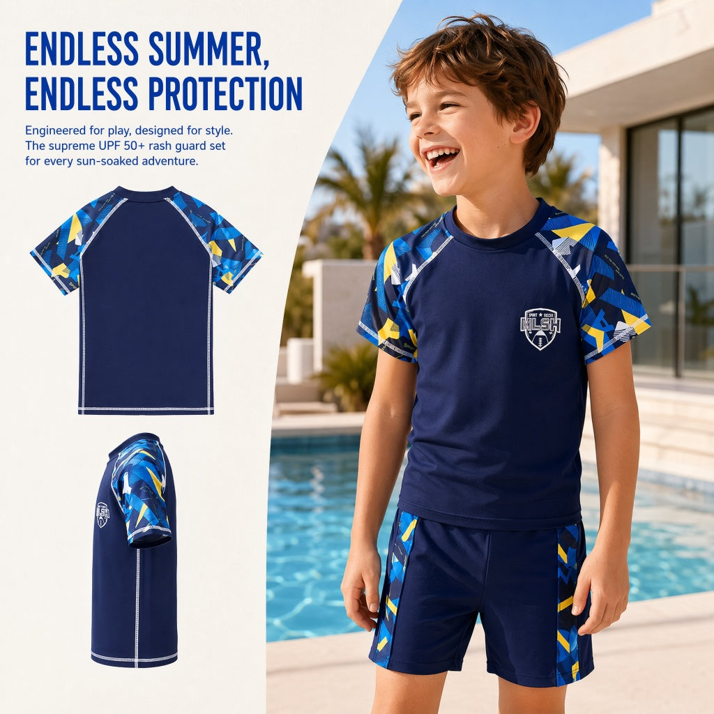 2PCS Boys Swimsuit Kids Swimwear Set Quick Dry Rash Guard Swim Trunks+Top Swimming Suit Wear 3-14Yrs