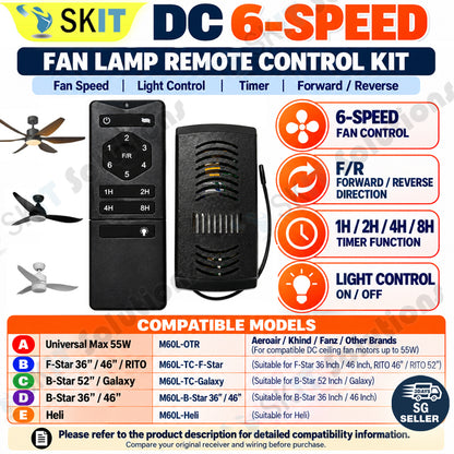 DC Ceiling Fan Remote Control Kit with Receiver 6 Speed for DC Motor B-Star F-Star Heli Galaxy RITO