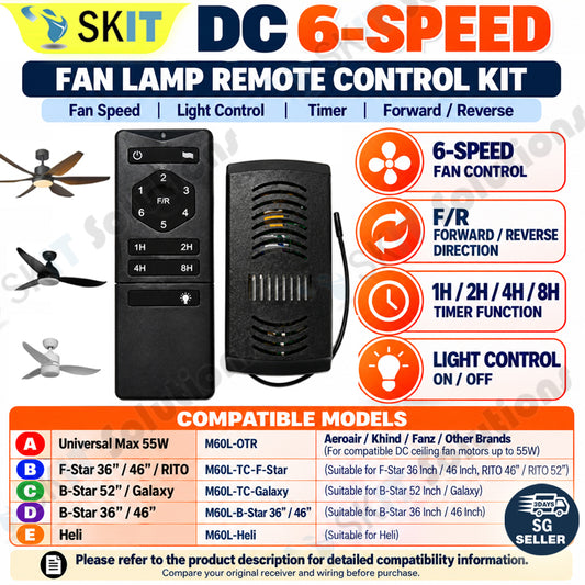 DC Ceiling Fan Remote Control Kit with Receiver 6 Speed for DC Motor B-Star F-Star Heli Galaxy RITO
