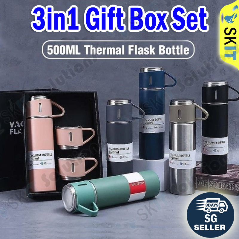 3in1 Thermal Flask Gift Set 500ml SUS304 Vacuum Insulated Water Bottle 3 Cups Christmas Corporate
