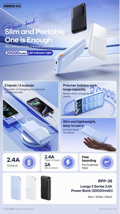 Remax RPP-26 Lango II 20000mAh 3C CCC Certified Power Bank PowerBank Portable Battery Charger Type-C