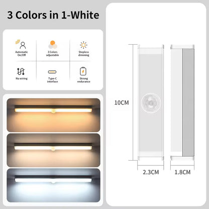 Tricolor LED Wireless Motion Sensor Light Stick Type C Rechargeable Strip Cabinet Kitchen Night Lamp