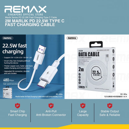 2M Remax RC-183C Marlik 100W PD Fast Charging USB-C to USB-C Cable / RC-183A USB to Type-C PD22.5W 5A