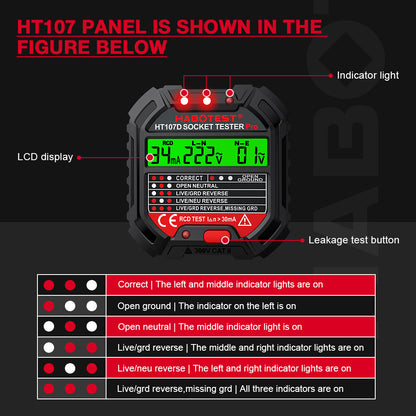 Habotest HT107 Socket Tester Pro Voltage Test RCD 30mA Detector UK Plug Ground Zero Line Plug Polarity Phase Check