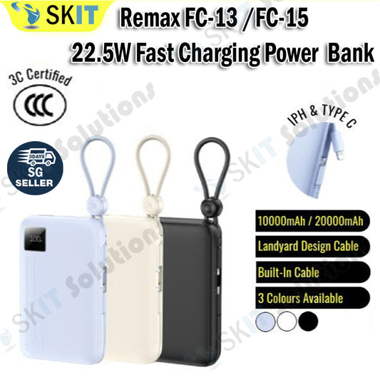 [3CCC] REMAX FC-13 10000mAh FC-15 20000mAh Power Bank 22.5W Fast Charging PowerBank Portable Charger Built-In Dual Cable