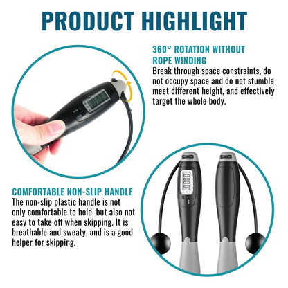 2in1 Smart Cordless Jump Rope Skipping Wireless Digital Counter Calorie Count Miles Times Exercise