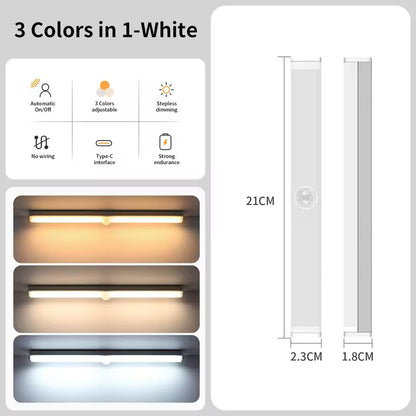 Tricolor LED Wireless Motion Sensor Light Stick Type C Rechargeable Strip Cabinet Kitchen Night Lamp