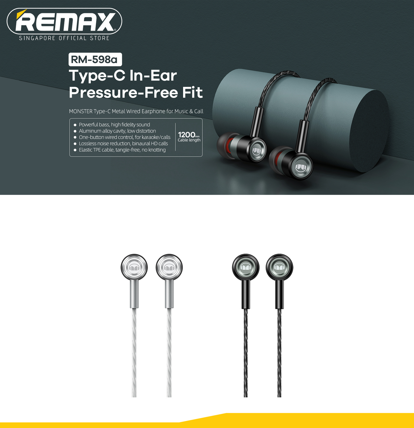 【SKIT SG】Remax RM-598a MONSTER Series Powerful Bass Type-C Metal Wired Earphone for Music & Call