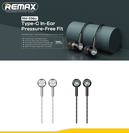 【SKIT SG】Remax RM-598a MONSTER Series Powerful Bass Type-C Metal Wired Earphone for Music & Call