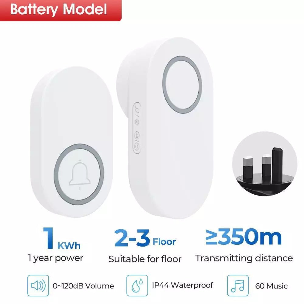 Self Powered / Button Battery Wireless Doorbell Door Bell Waterproof 3 Pin Plug 60 Chimes 350M 120dB
