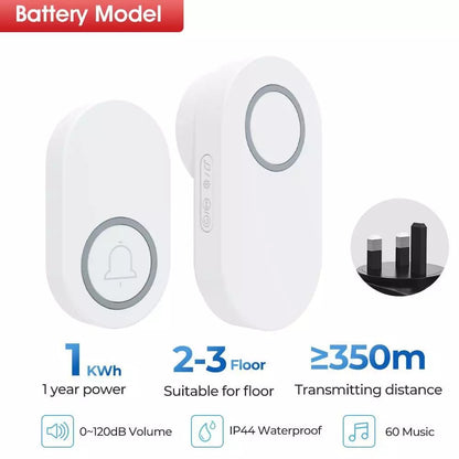 Self Powered / Button Battery Wireless Doorbell Door Bell Waterproof 3 Pin Plug 60 Chimes 350M 120dB