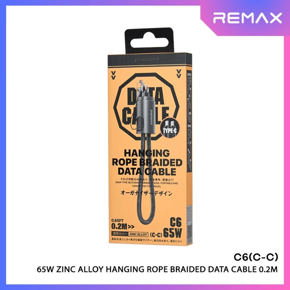 0.2 Meter Remax C6 Type C to Type C 65W Super Fast Charging Data Sync Charger Hanging Rope Braided Cable