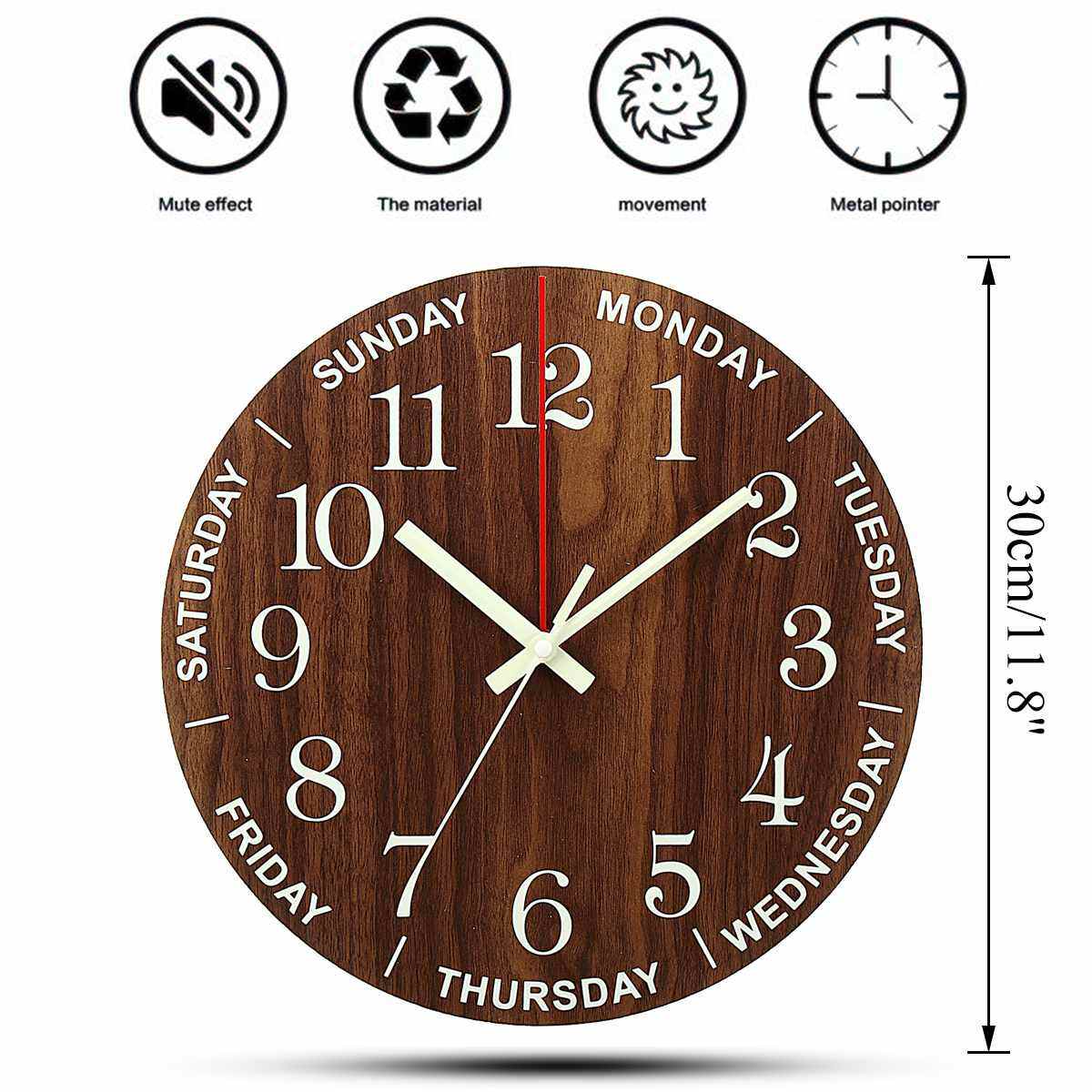 12 Inch Luminous Minimalist Designer Wooden Quartz Wall Clock Dark Glowing Silent Non-Ticking Home